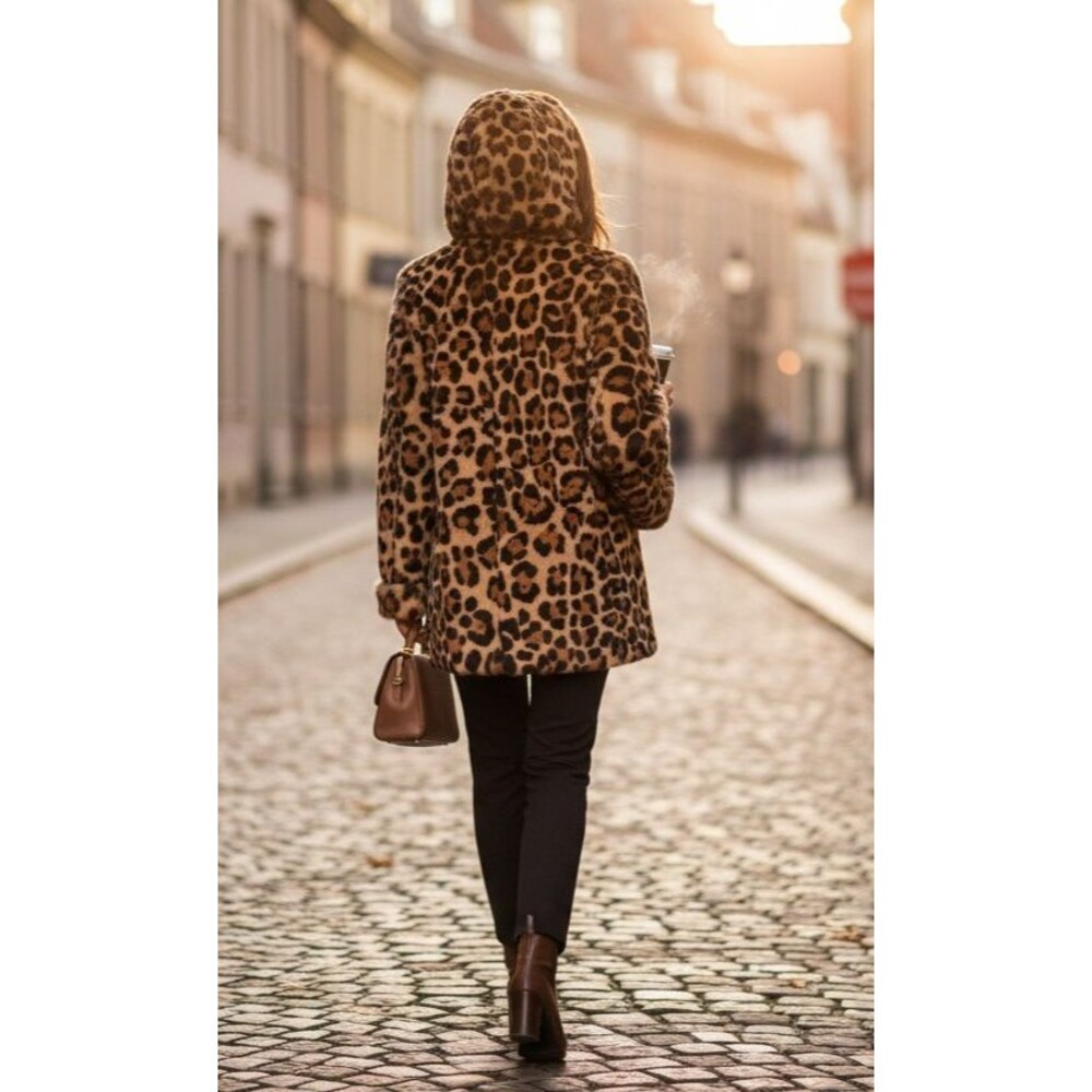 DESIGNER RTA ANIMAL PRINT RABBIT FUR HOODED LONG SLEEVE MIDI LENGTH SIZE XSMALL
